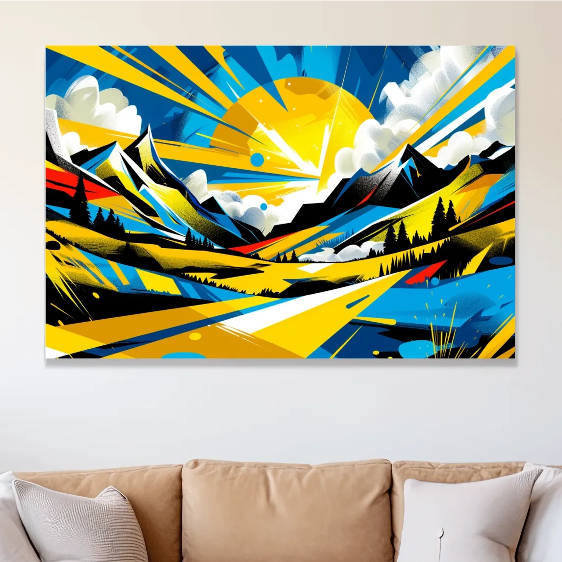Vibrant Geometric Graffiti Mountain Sunset Landscape - Bold Pop Art Style Wall Art