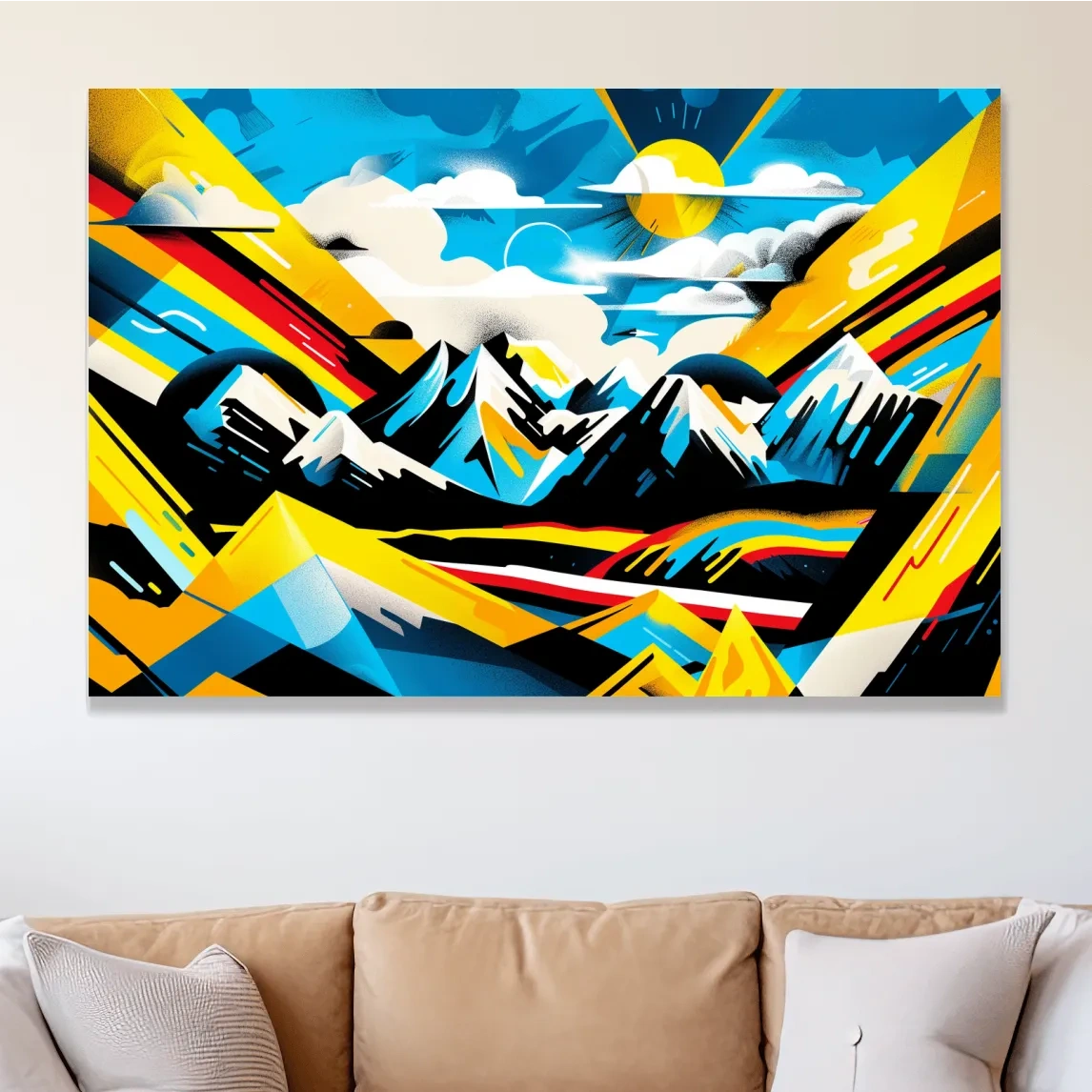 Vibrant Colorful Mountain Sunrise Illustration - Graffiti Style Landscape Wall Art