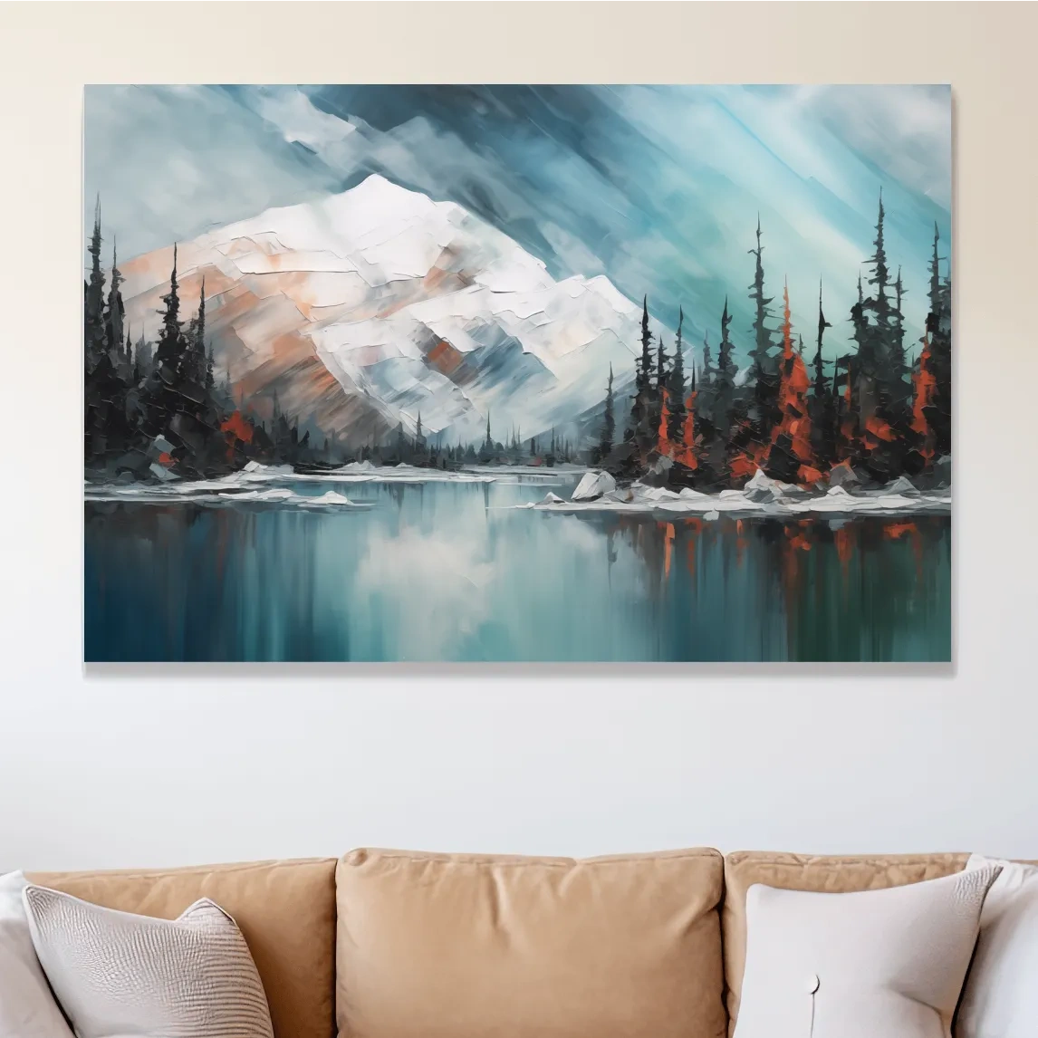 Oil painting of a snowy mountain and lake