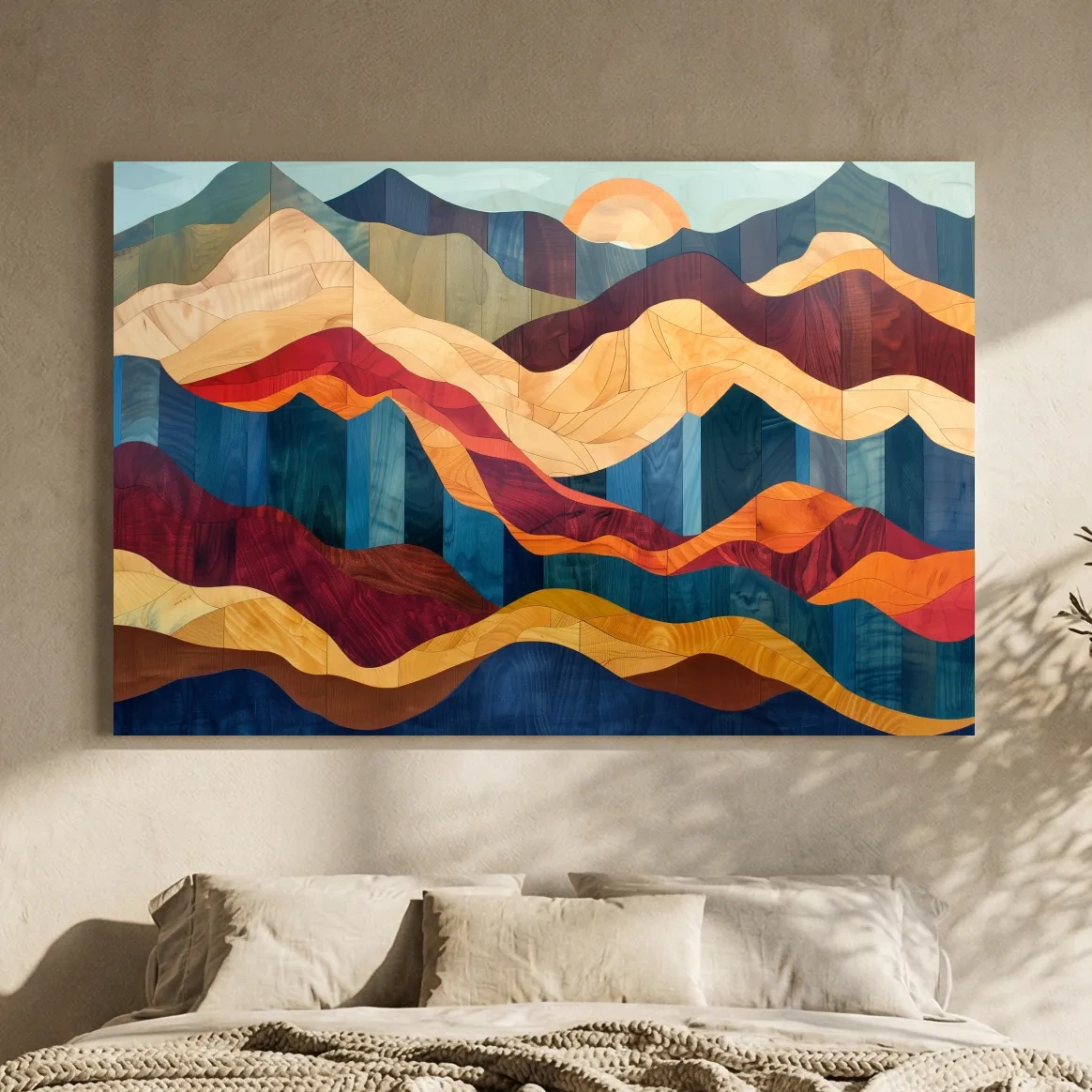 Layered Abstract Mountain Sunset Woodgrain - Mid Century Modern Wall Art