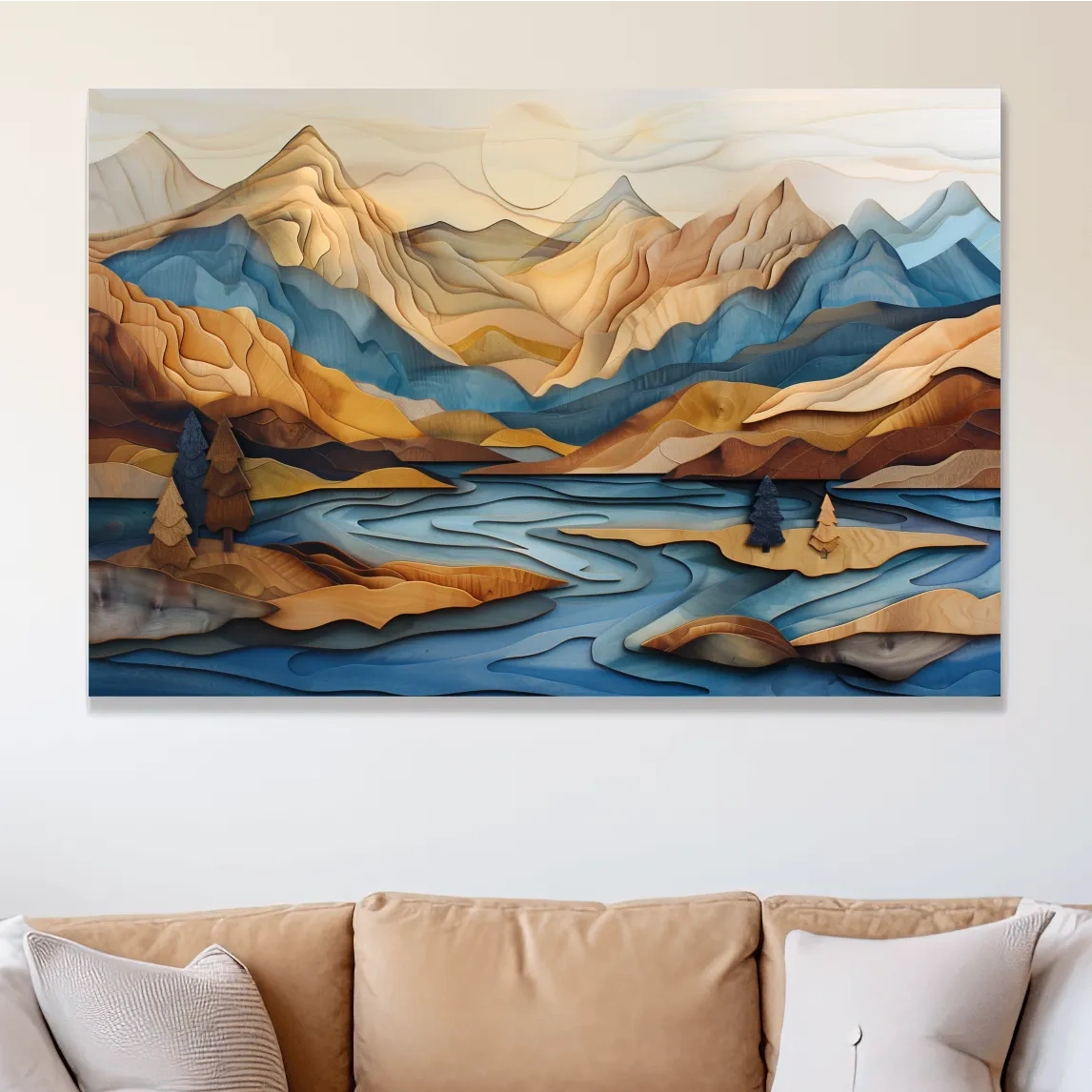 Alpine mountain and lake landscape scene, 3d layered effect wood intarsia style artwork