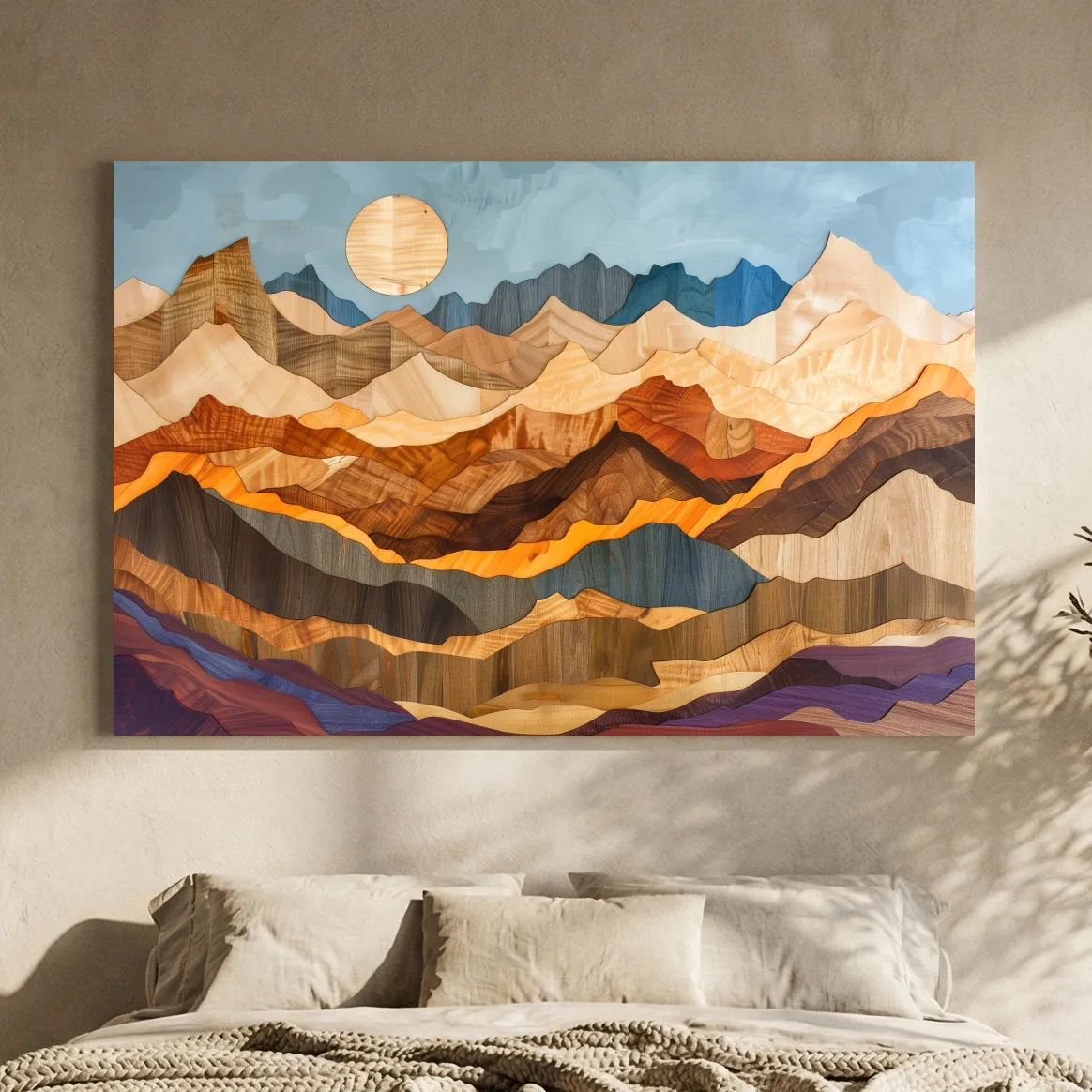 Layered Wooden Mountain Range - Intarsia Style Canvas Wall Art