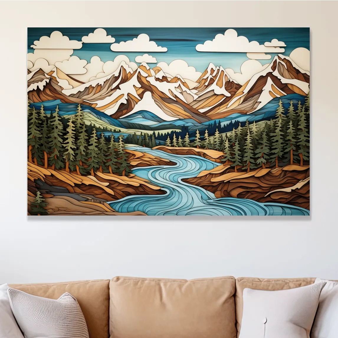 Intarsia Style Mountain River Landscape - Rustic Alpine Forest Artwork