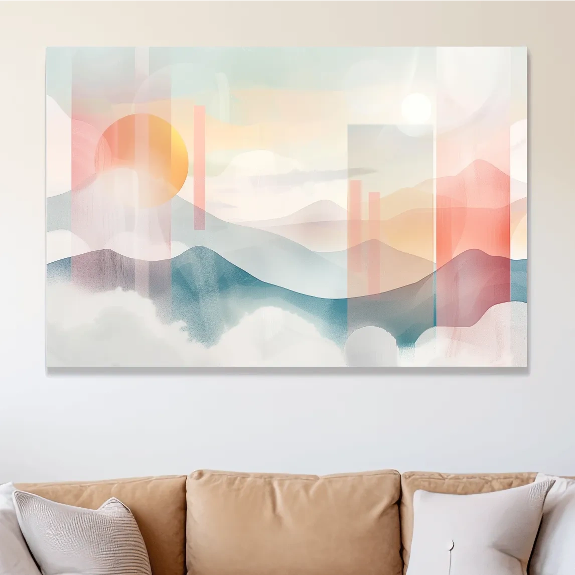 Mountains at sunset, soft pastel watercolor painting wall art