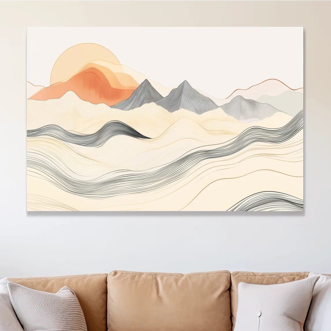 Mountain sunset wall art, abstract lineart illustration