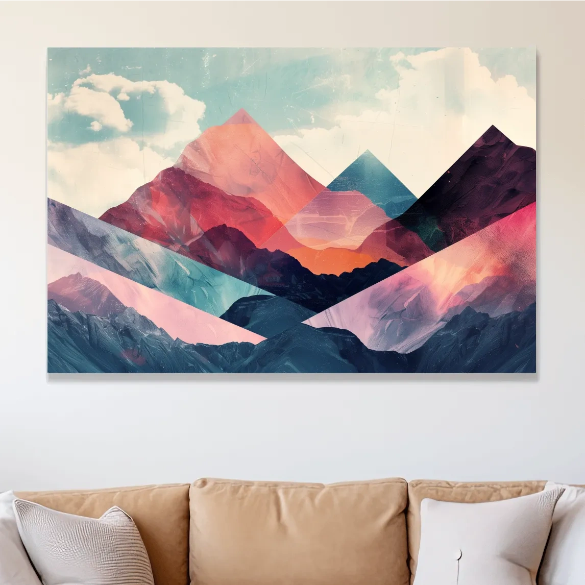 Vibrant colorful mountain wall art, mixed media collage effect