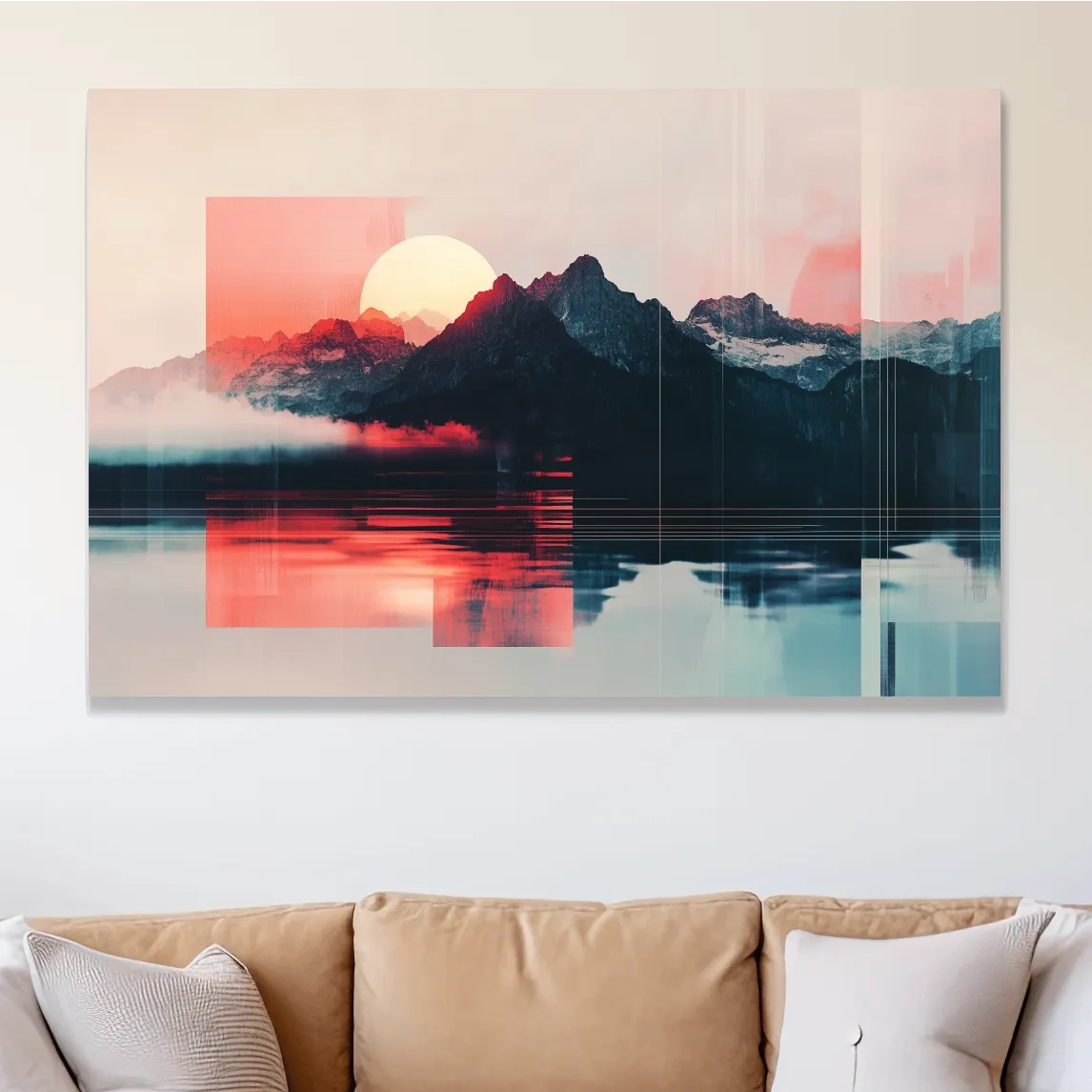 Abstract Alpine Mountain Sunset Reflection - Modern Geometric Glitch Wall Art