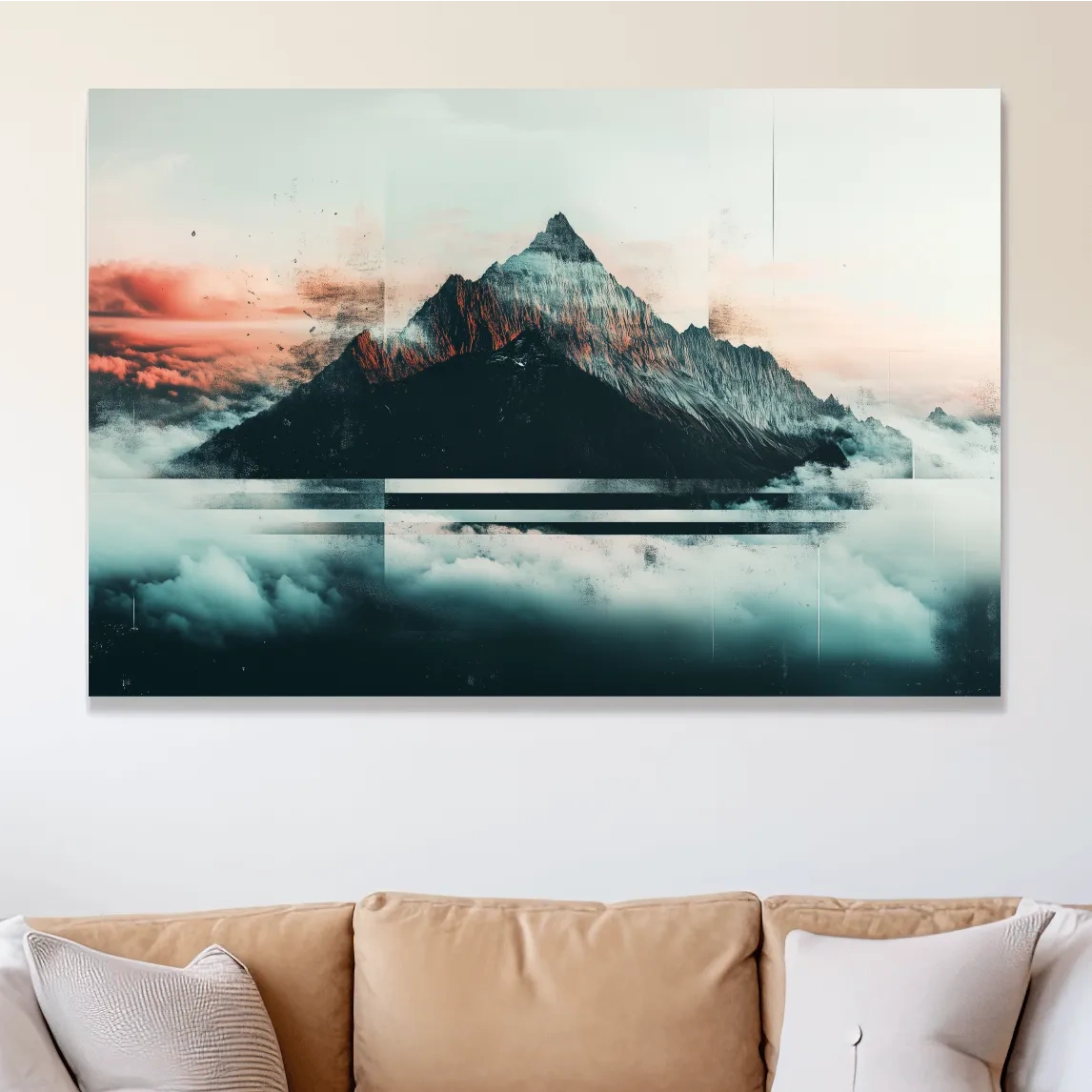 Mountain peak in the clouds at sunset, glitch style artwork