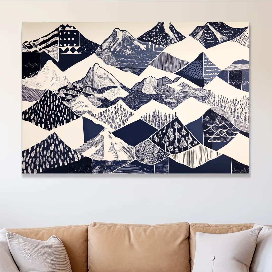 Linocut Patchwork Mountain Range Illustration - Modern Landscape Artwork