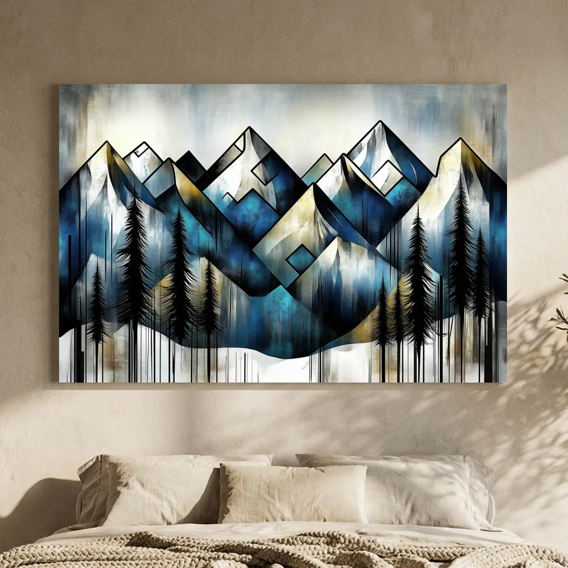 Geometric Mountain Peaks With Pine Trees - Modern Abstract Landscape Artwork