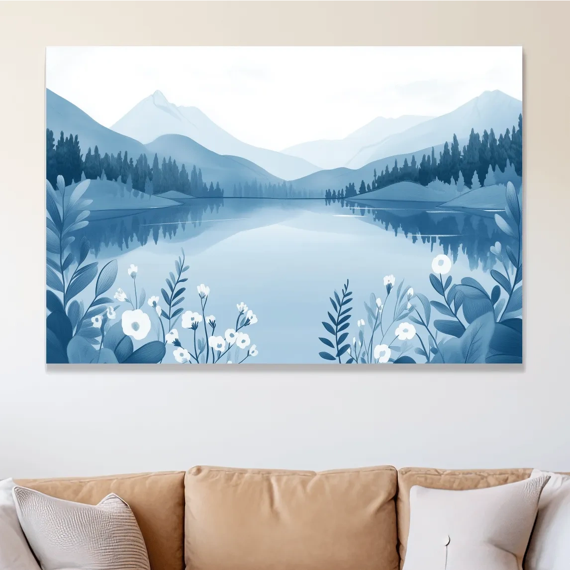 Serene landscape wall art, view over an alpine lake