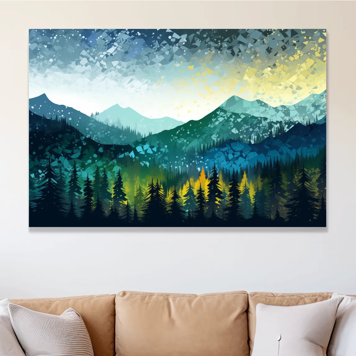 Vibrant forest and mountain art, abstract pointillism