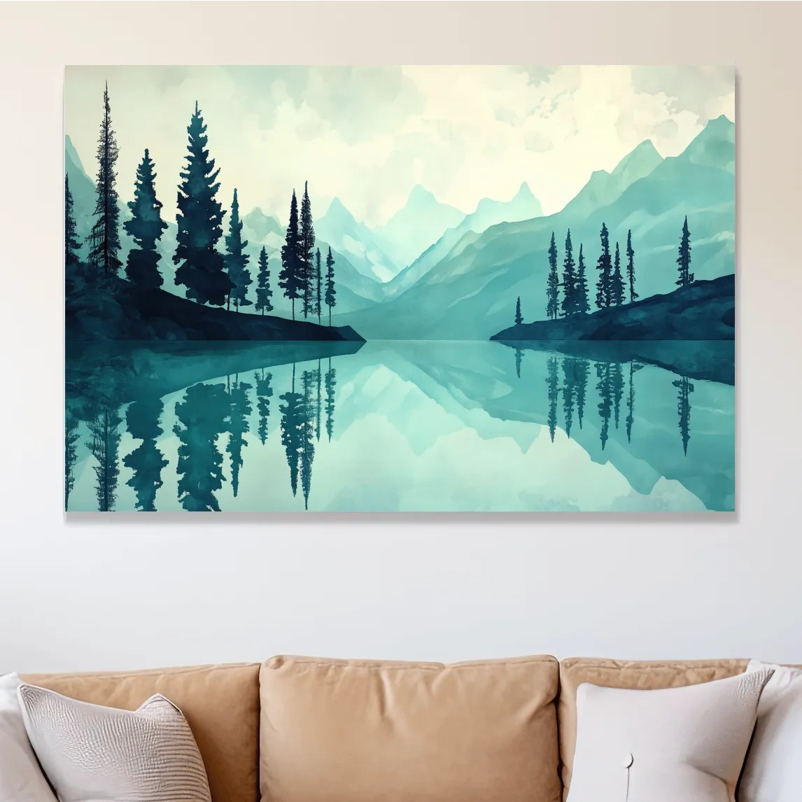 Watercolor painting wall art, view over a treelined alpine lake