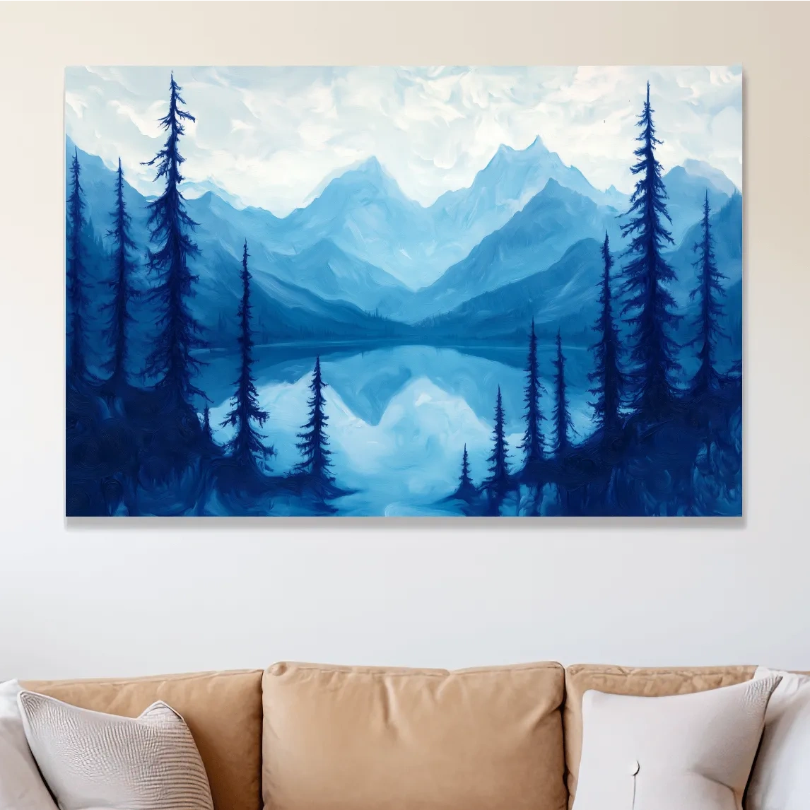 Serene Blue Mountain Lake Oil Painting - Alpine Forest Landscape Artwork