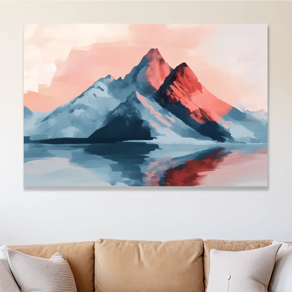 Pastel mountain painting at sunset, glacier reflecting on a lake