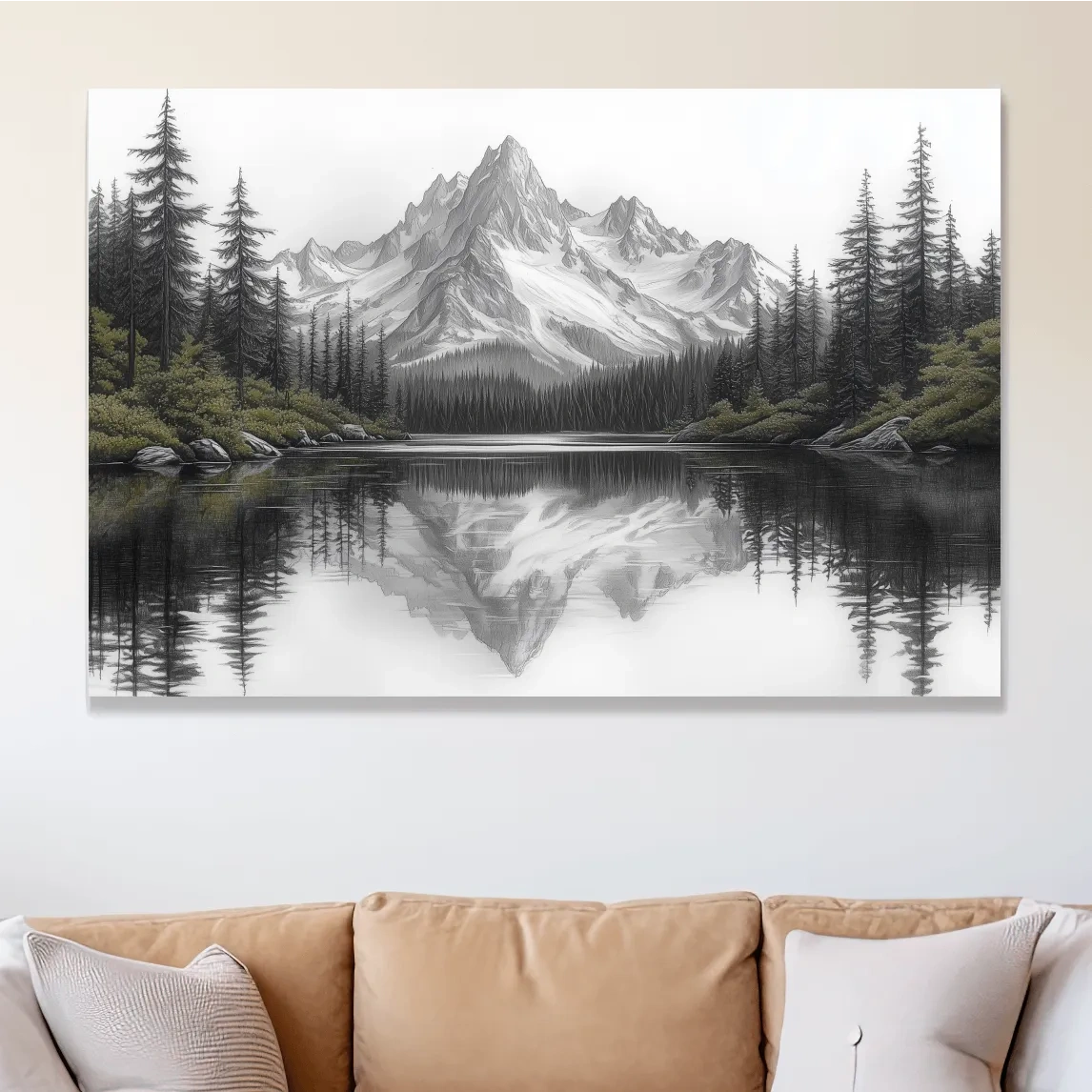 Monochrome Alpine Mountain Lake Reflection Sketch Artwork - Minimalist Forest Landscape Wall Art