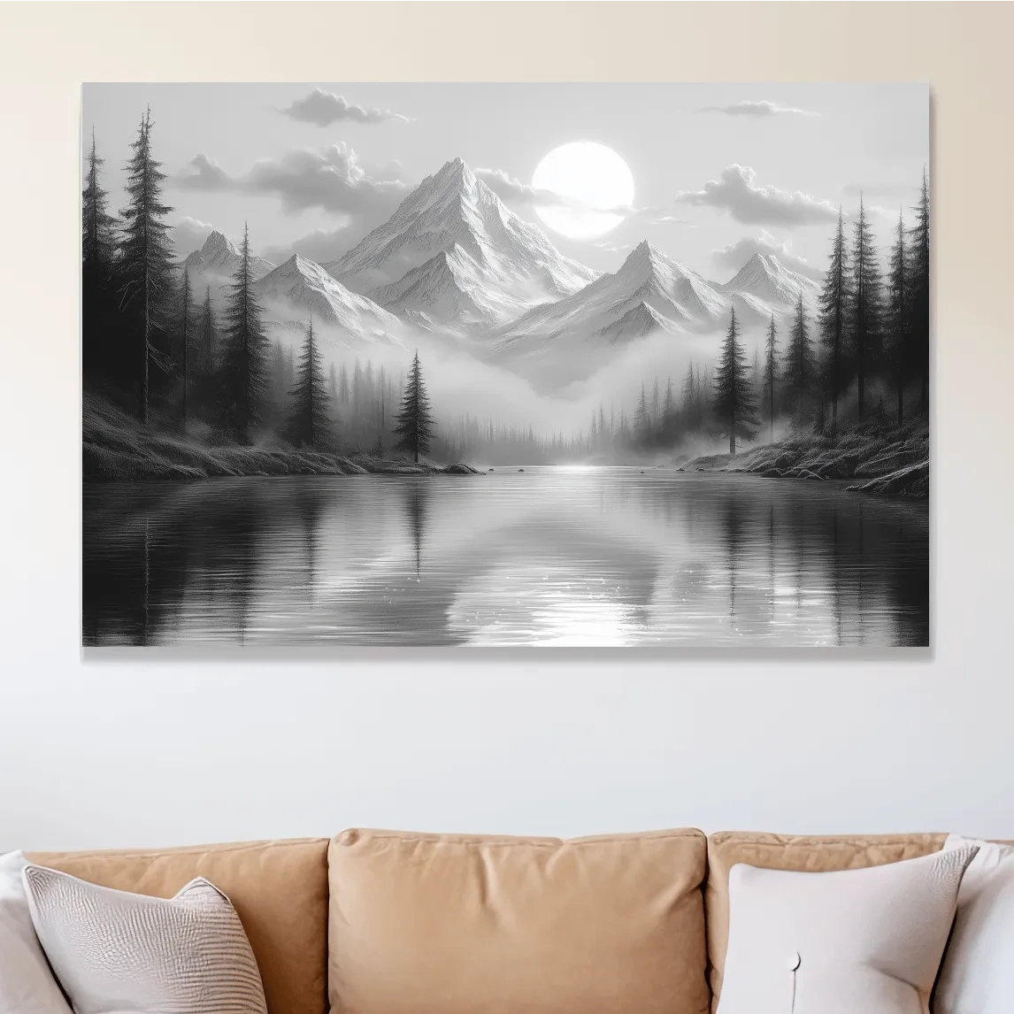 Misty forest and alpine lake beneath a glacier, black and white wall art
