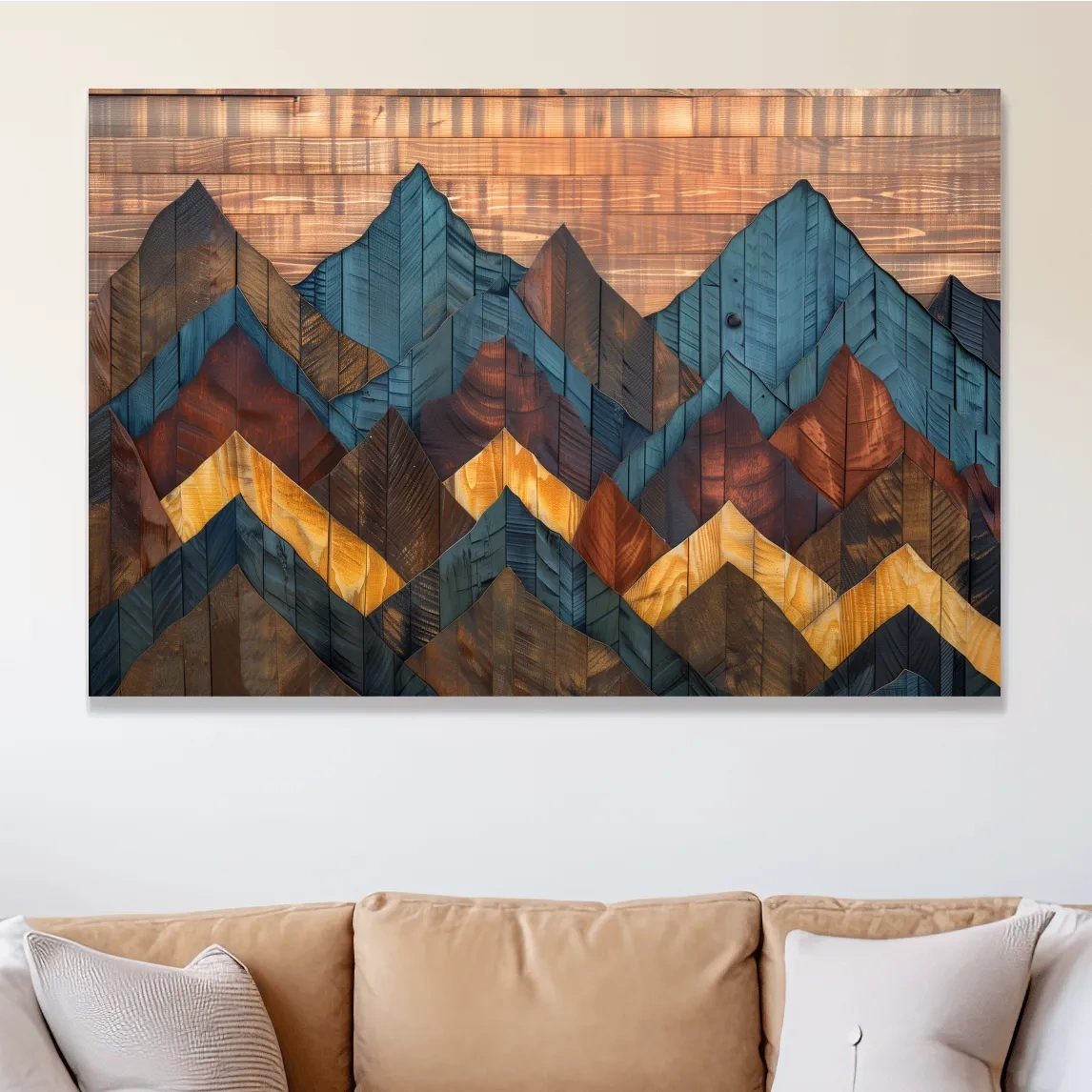 Rustic mountain wall art, 3D layered wood panel effect