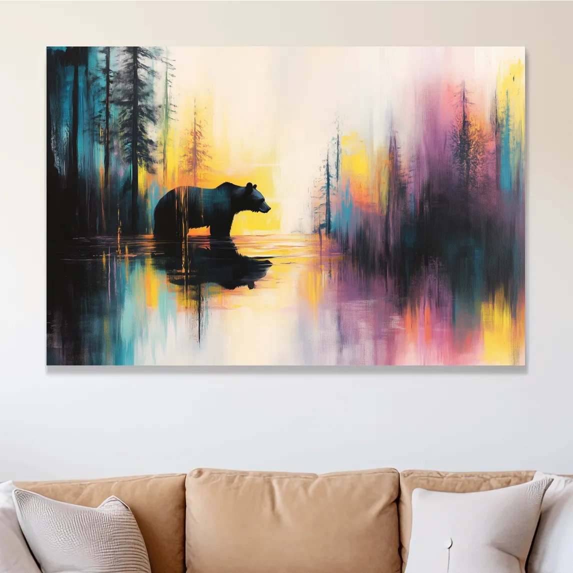 Grizzly bear in a river painting, colorful abstract wall art