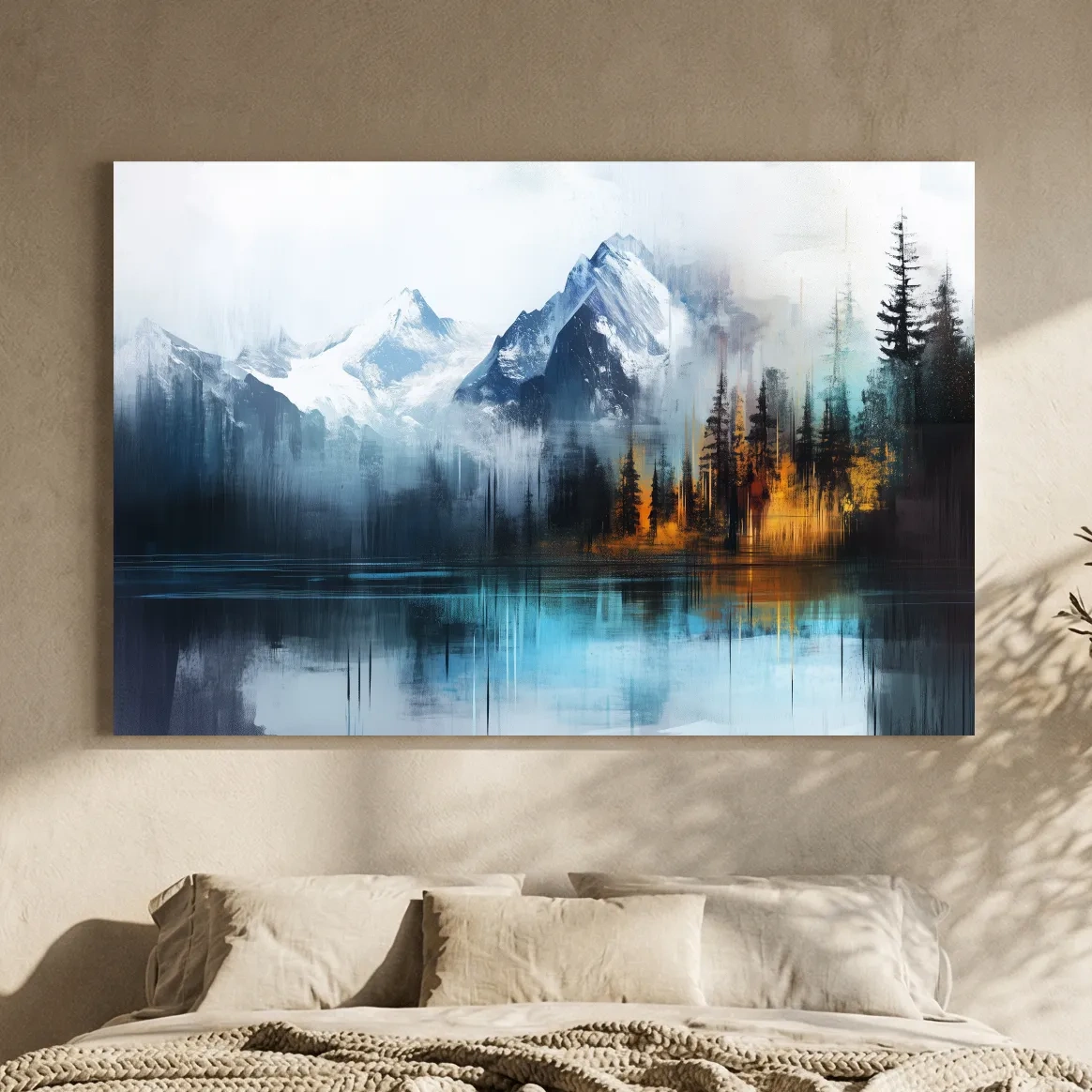 Misty Mountain & Lake Reflection - Abstract Painting Pine Forest Wall Art