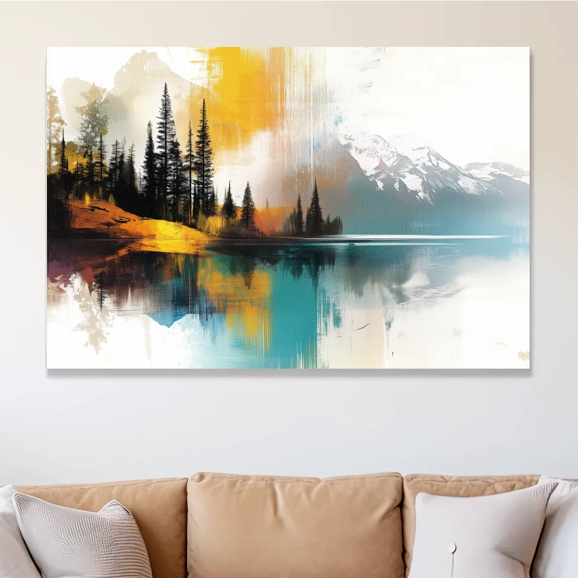 Colorful Abstract Mountain Lake Reflection Painting - Forest Landscape Wall Art