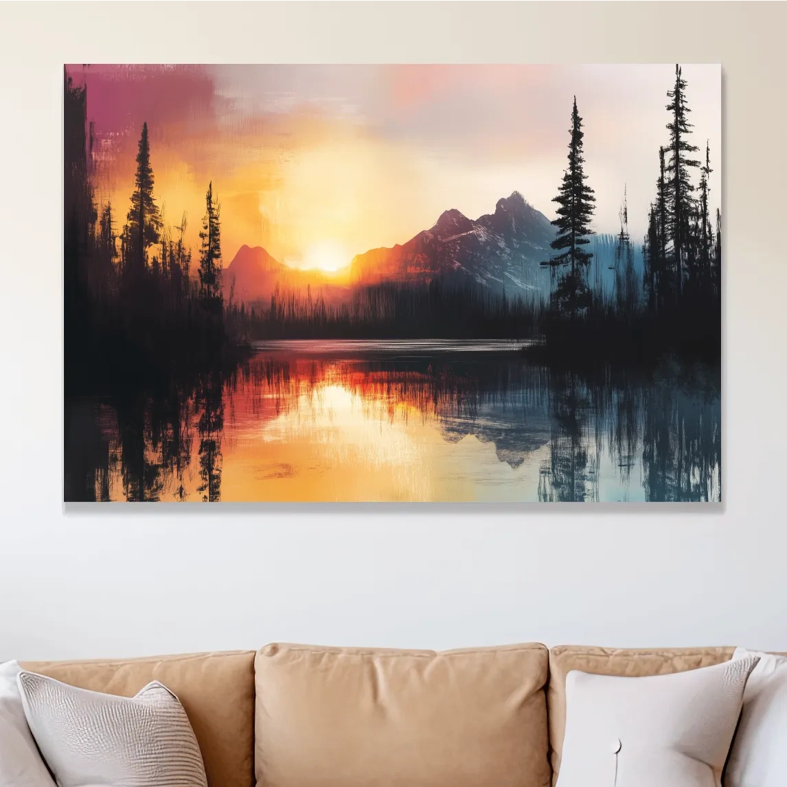 Abstract mountain art painting, sunset over a lake and forest