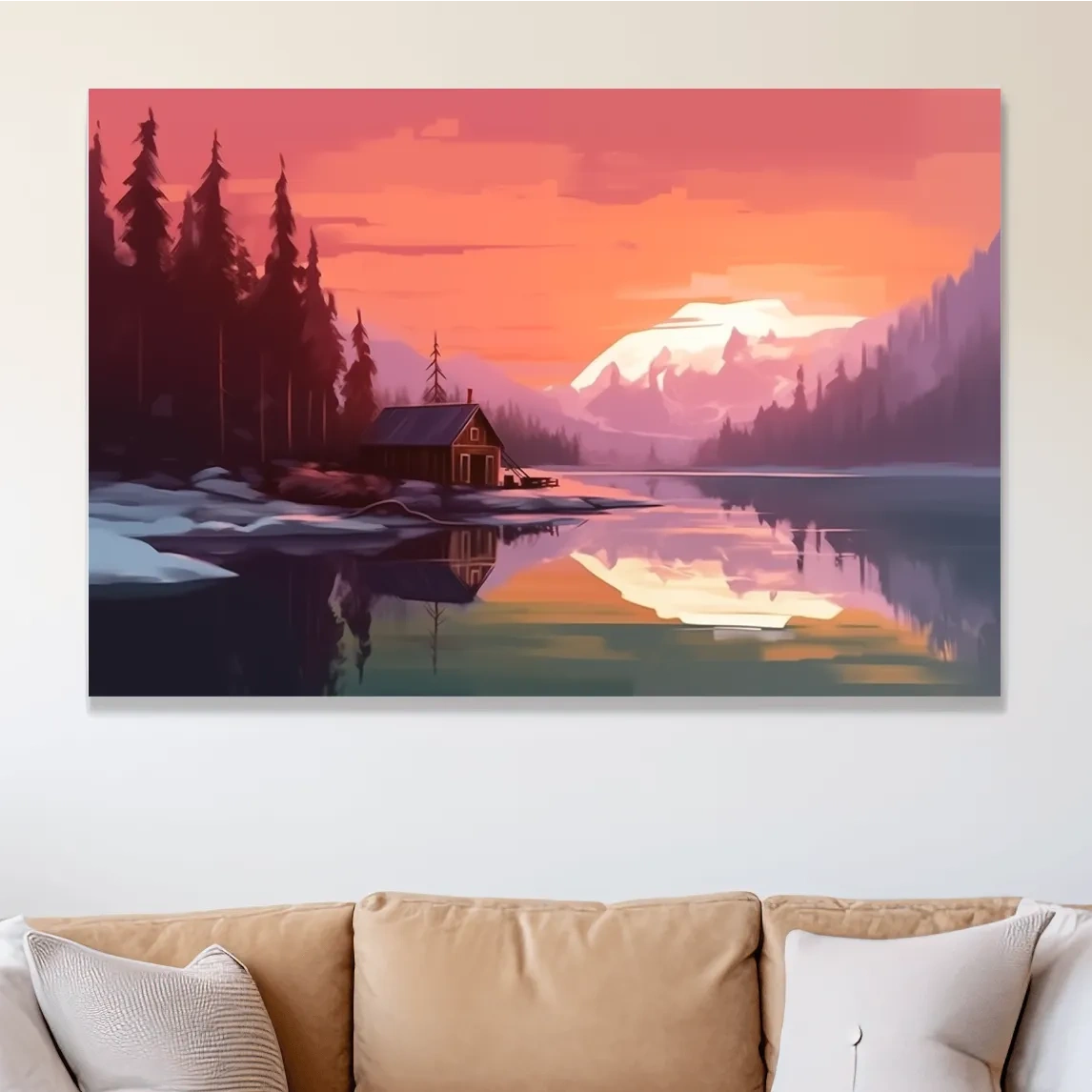 Sunset Mountain Lake Cabin Painting - Serene Alpine Landscape Wall Art