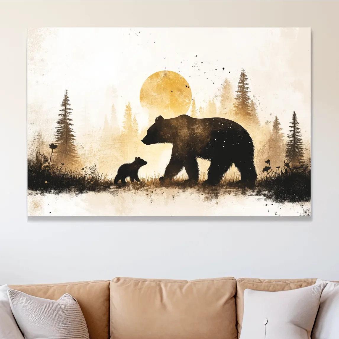 Momma bear and her cub in the forest, textured illustration wall artwork