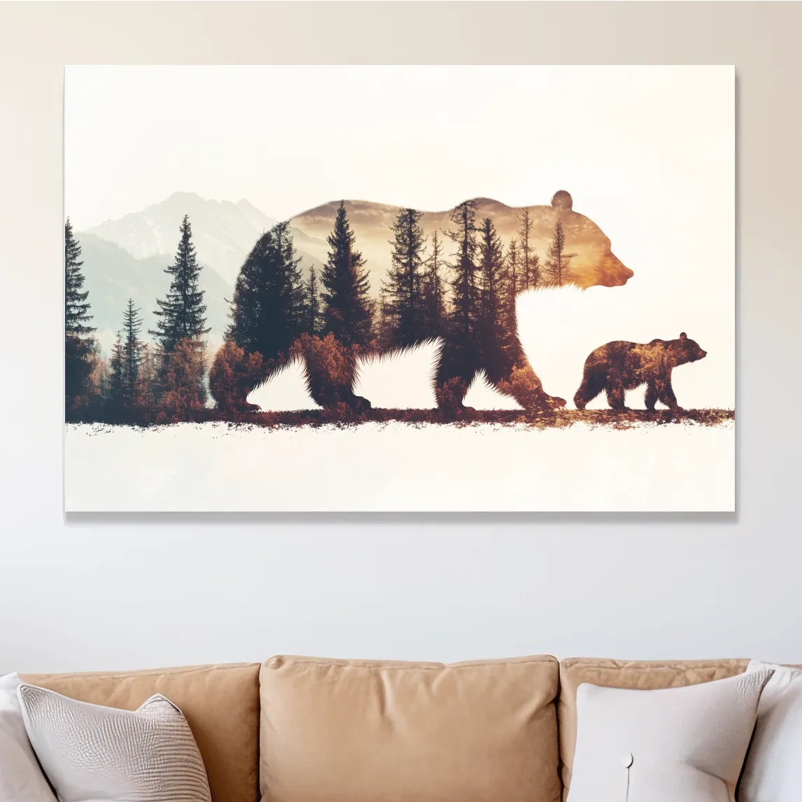 Rustic Double Exposure Bear Family - Sunset Forest Wildlife Wall Art