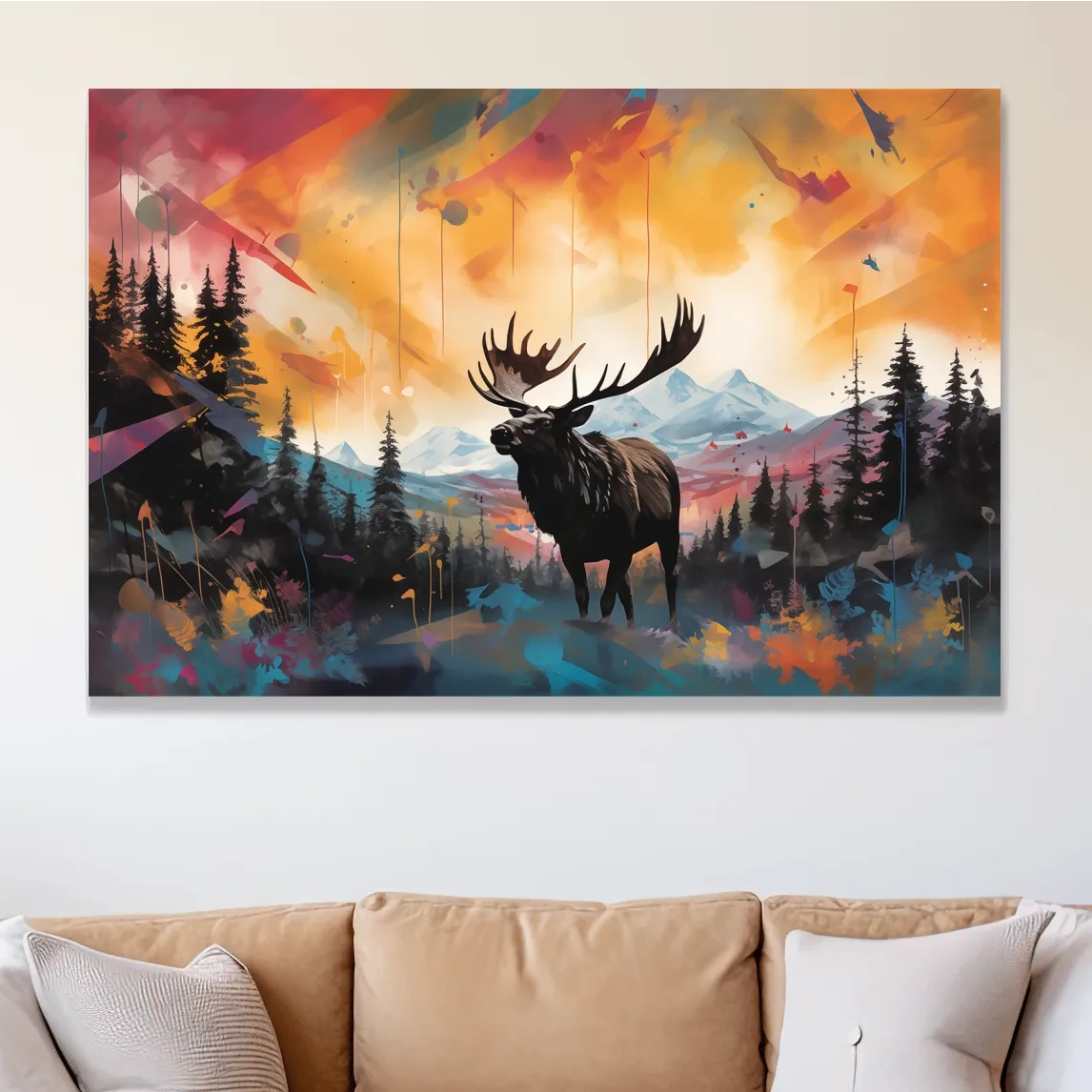 Vibrant Abstract Moose Mountain Painting - Colorful Wildlife Wall Art