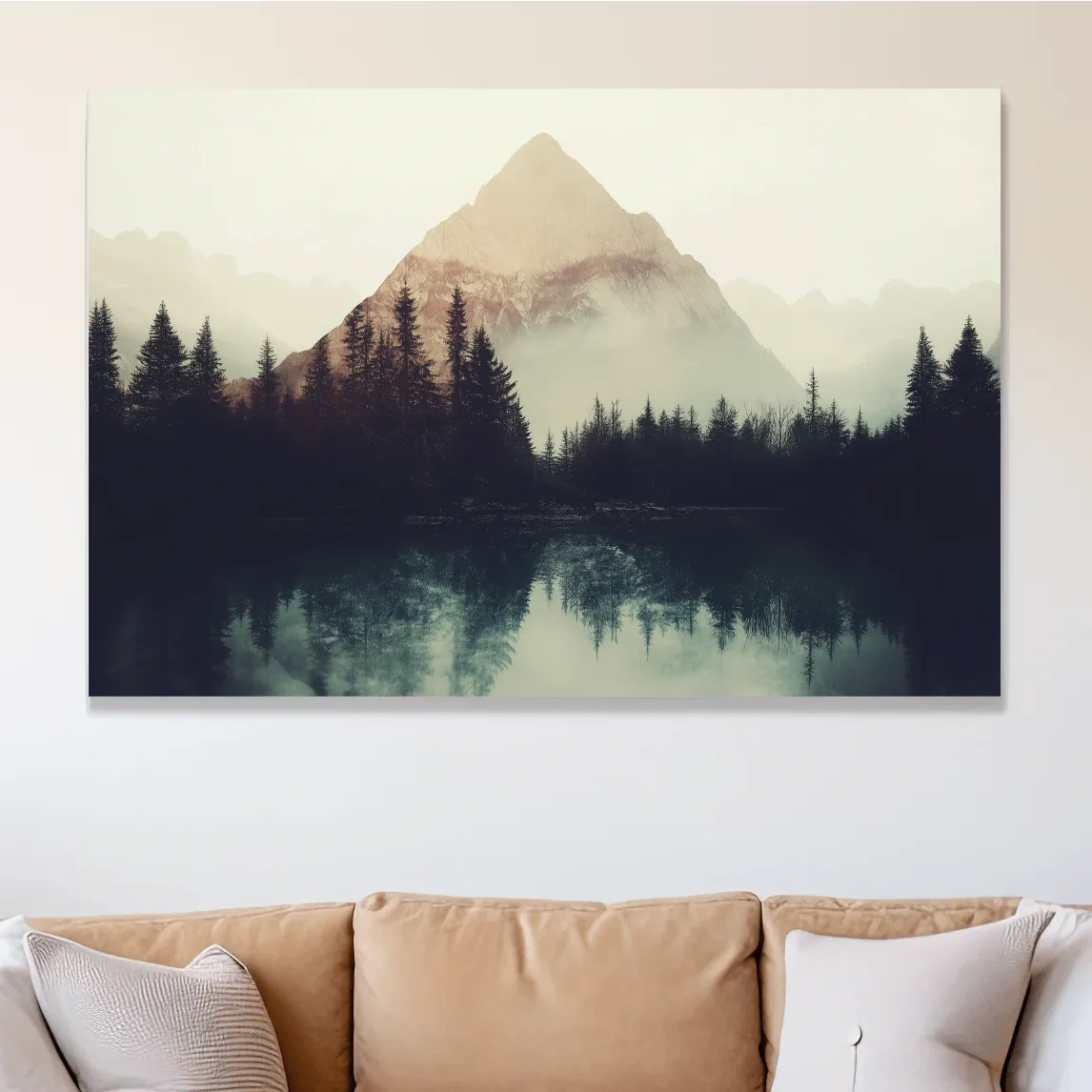 Mountain wall art, silhouetted forest on the lake