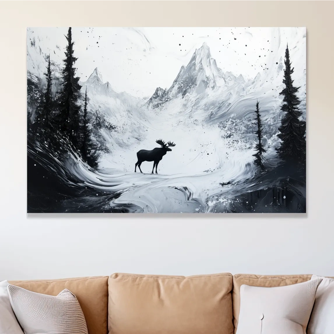 Moose in the alpine meadows, abstract black & white painting