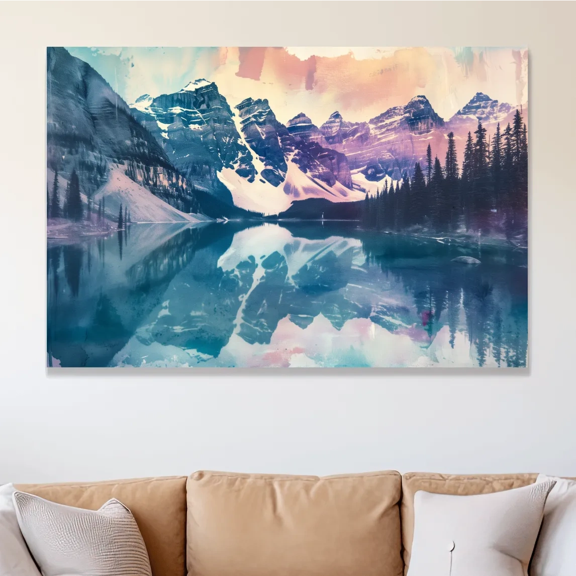 Valley of the Ten Peaks, Moraine Lake Banff. Watercolour painting postcard style mountain artwork
