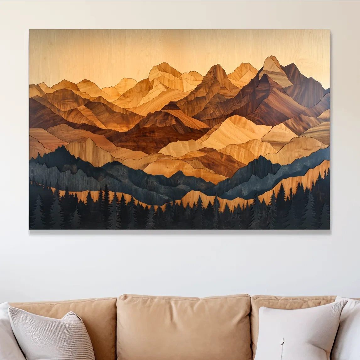 Mountain and forest wall art, 3d wood intarsia style layered wood effect