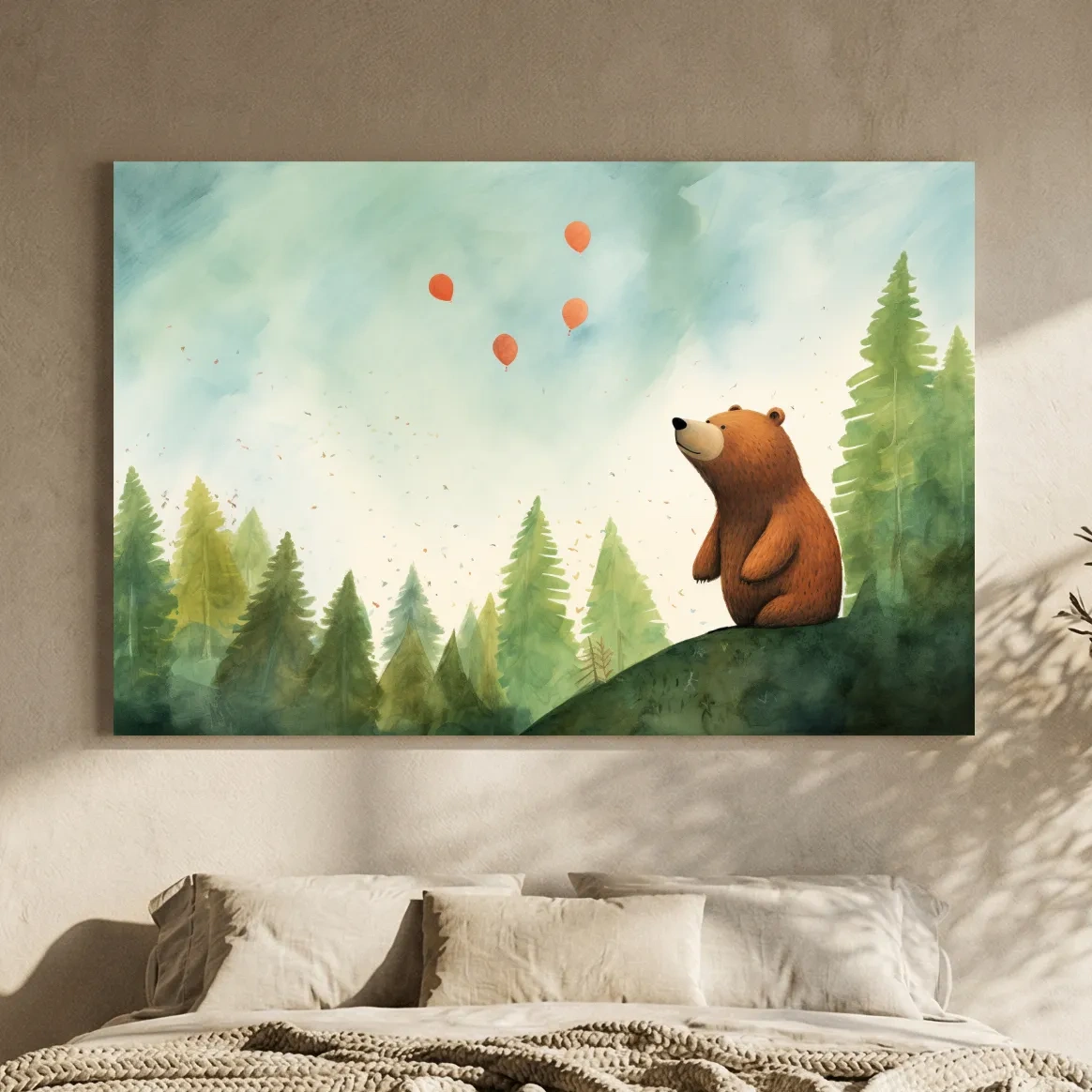 Whimsical Watercolor Bear Watching Balloons - Cute Nursery Forest Wall Art