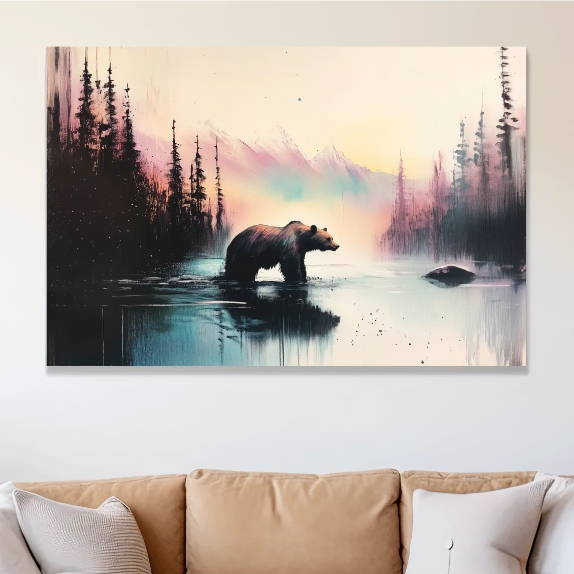 Moody Watercolor Grizzly Bear Lake Reflection - Misty Mountain Wilderness Wall Art