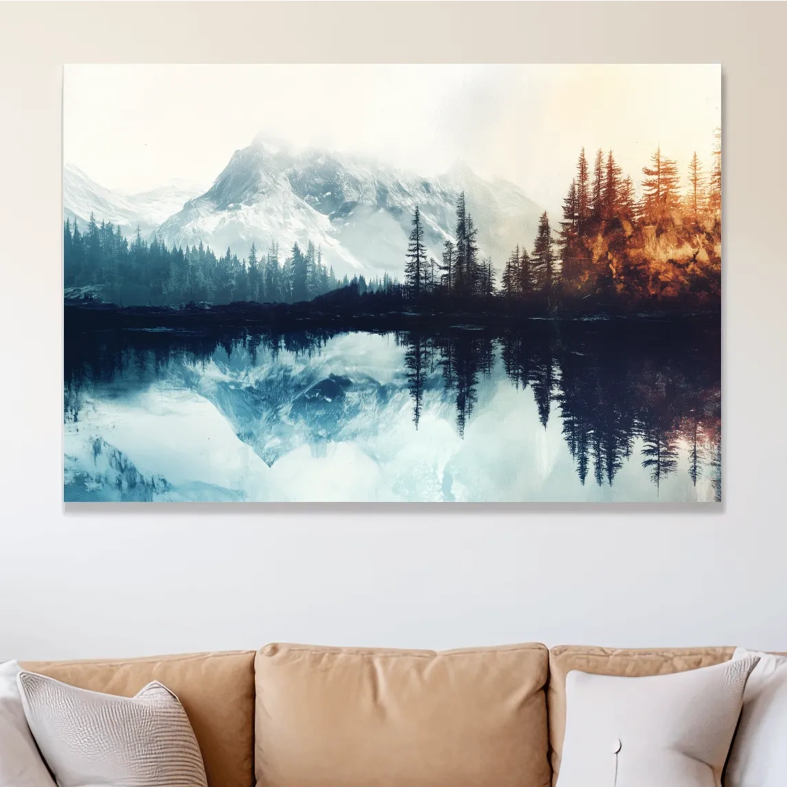 Mountain wall art, foggy glacial lake and forest in fall, textured painting effect
