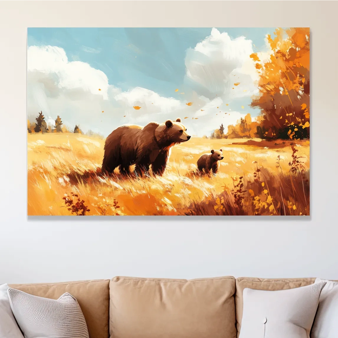 Autumn Grizzly Bear & Cub Painting - Warm Golden Wildlife Wall Art