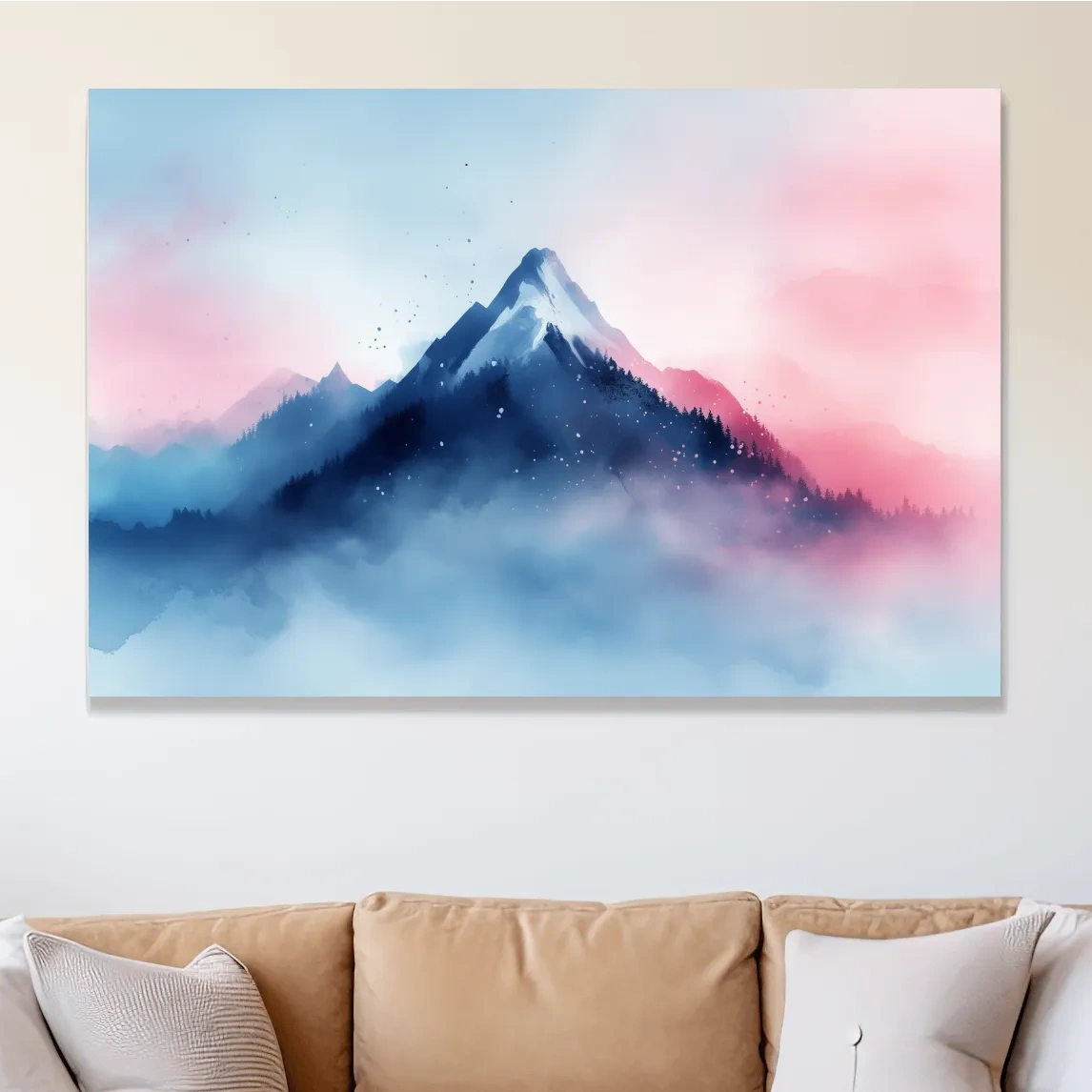 Misty Pastel Watercolor Mountain Peak - Dreamy Alpine Landscape Wall Art