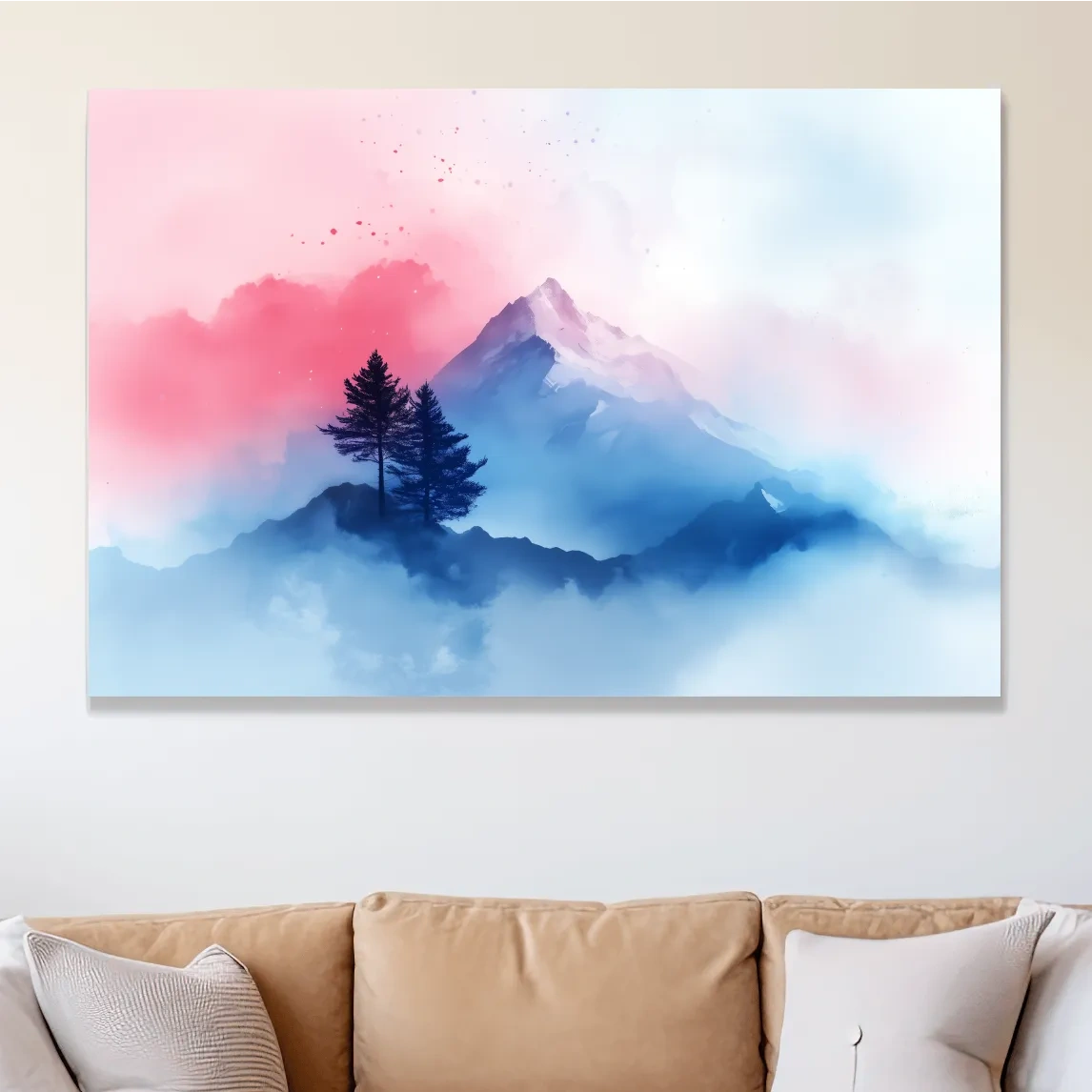 Serene mountain art painting, snowy glacier peaks, alpine trees and pastel clouds