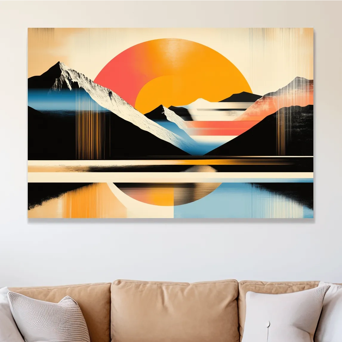 Abstract alpine mountain wall art, bold retro geometric landscape with vibrant colors