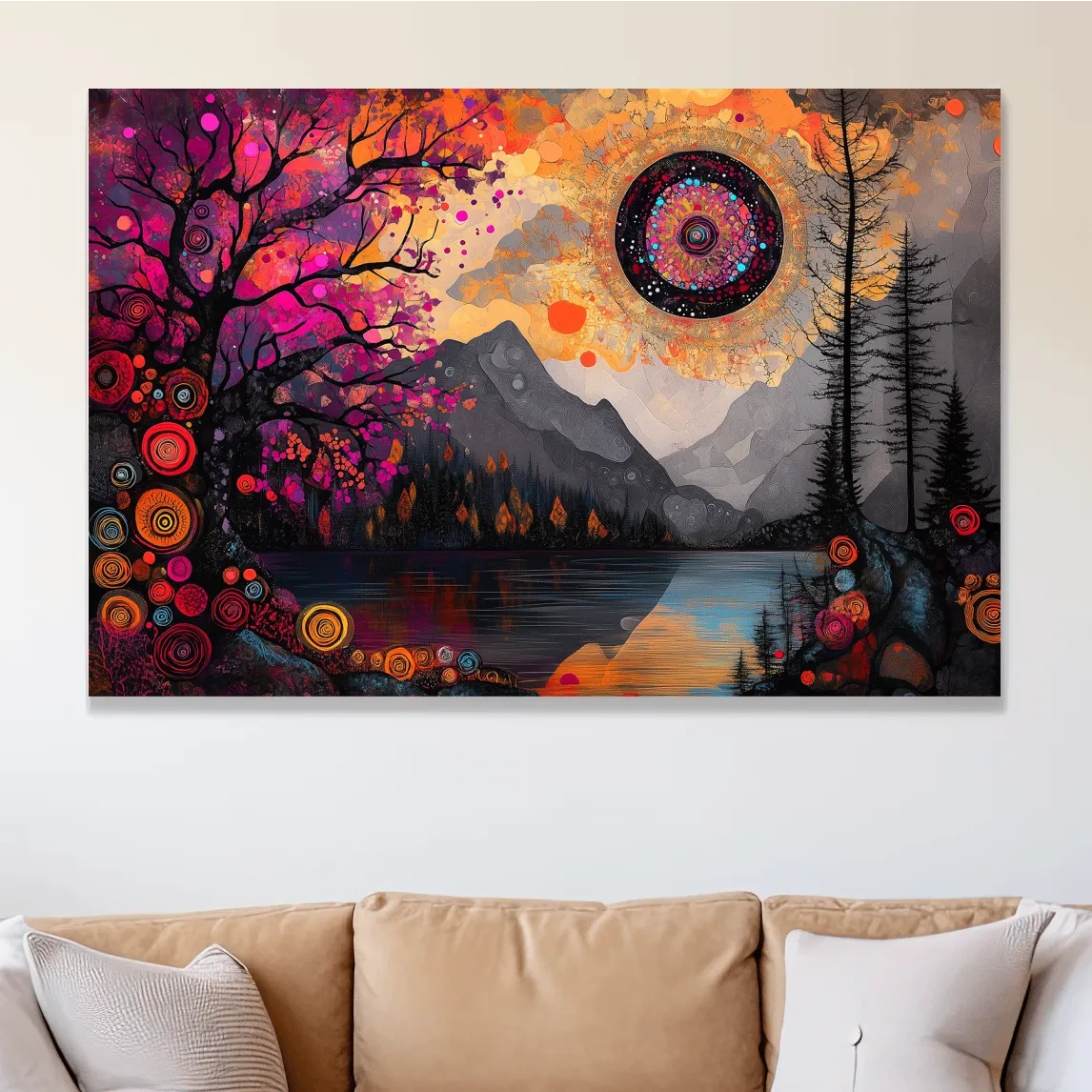 Trippy and surreal abstract mountain landscape at sunset, intricate textured patterns, vibrant colors, cosmic style