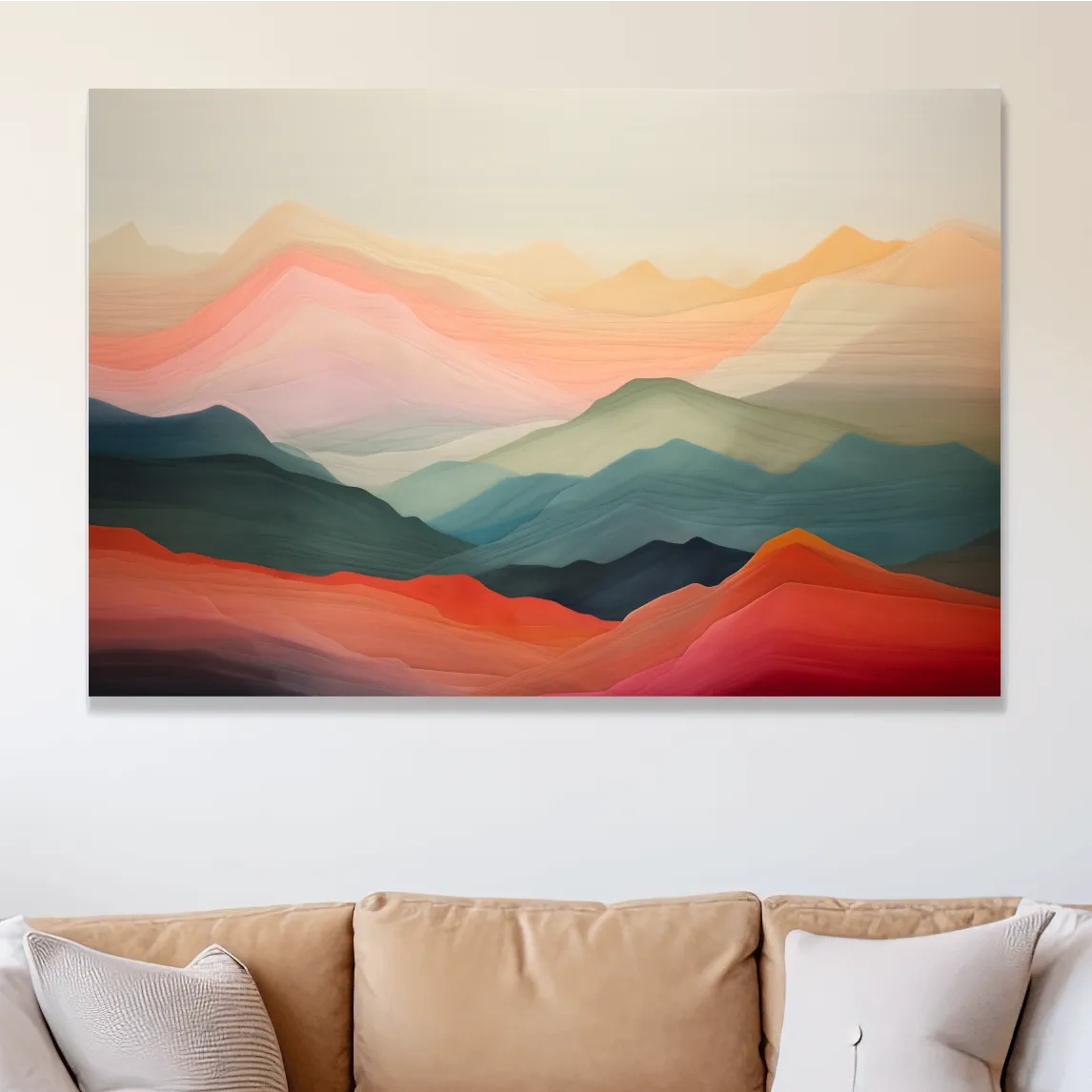 Dreamy pastel mountain landscape artwork, layered gradient painting effect