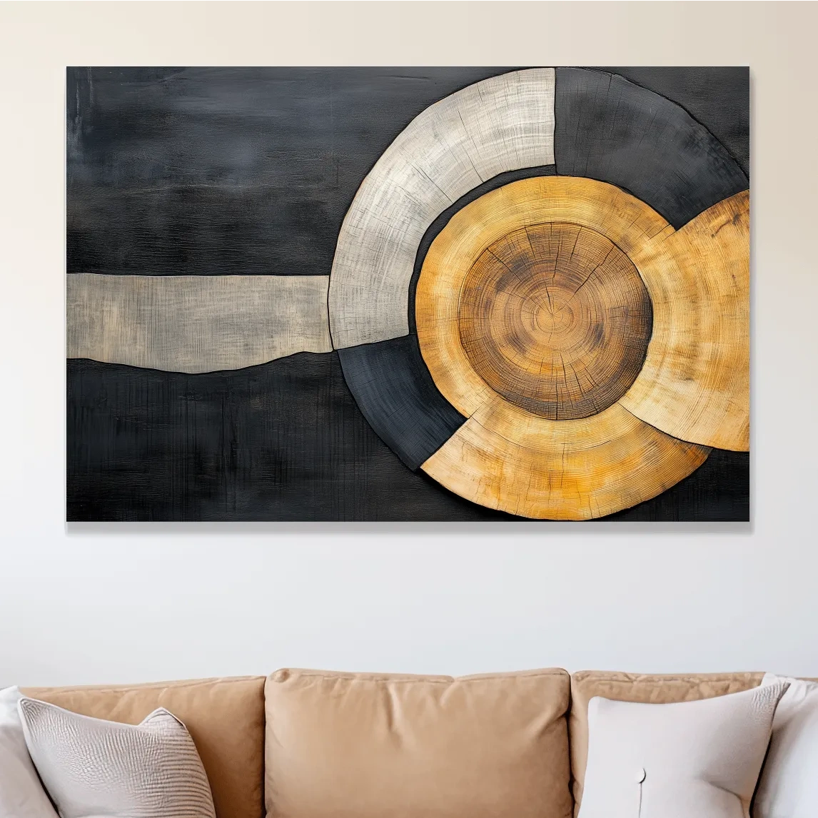 Wood grain cut log modern wall art, circular concentric design with earthy tones