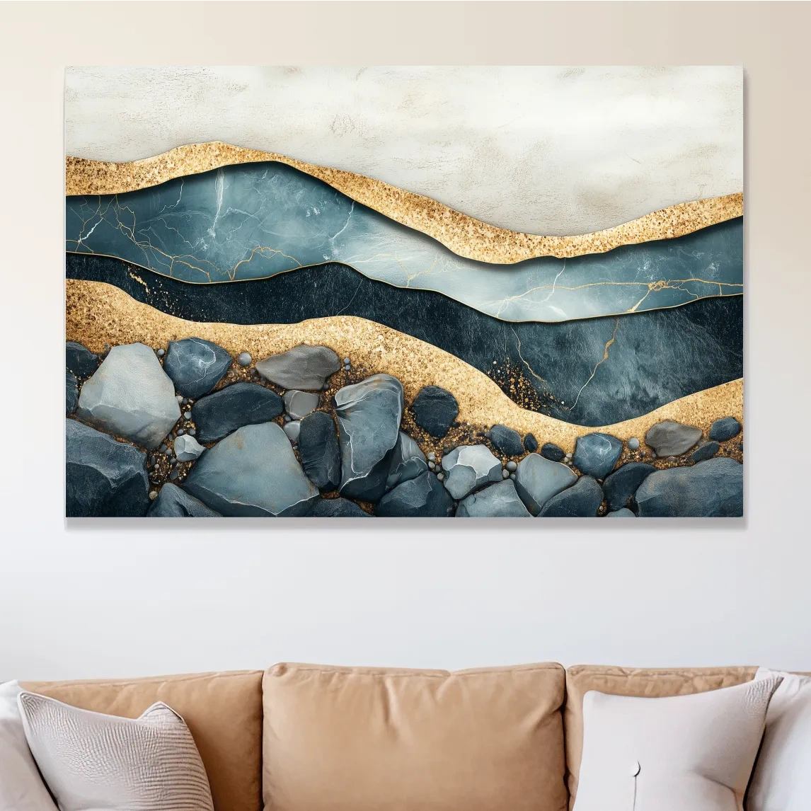 Elegant riverbed sand and rock artwork, modern textured wall art with natural sediment layers