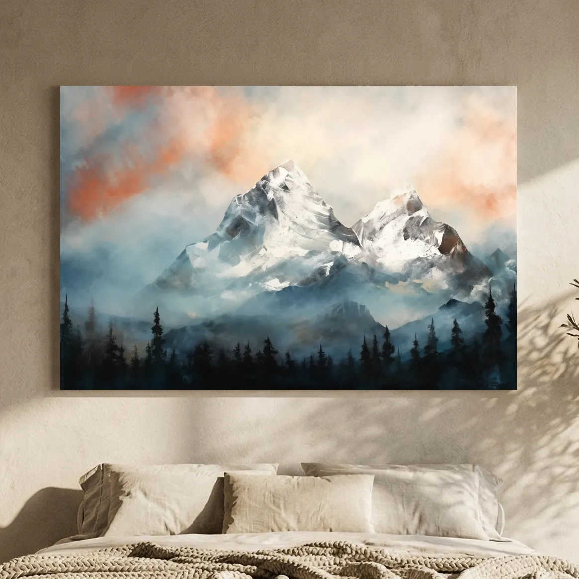 Misty Snowcapped Mountain Peaks Painting - Alpine Sunset Wall Art