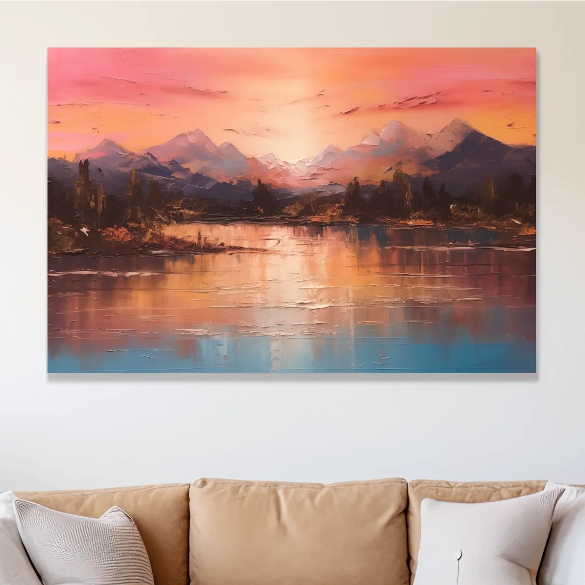 Sunset mountain lakeside painting, textured effect oil painting wall art print