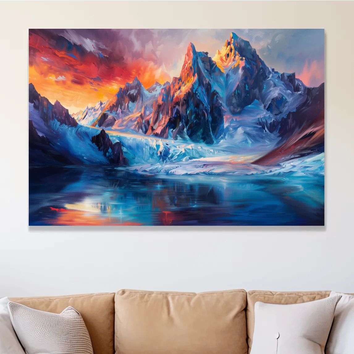 Abstract painting of an alpine glacier lake at sunset, mountain wall art