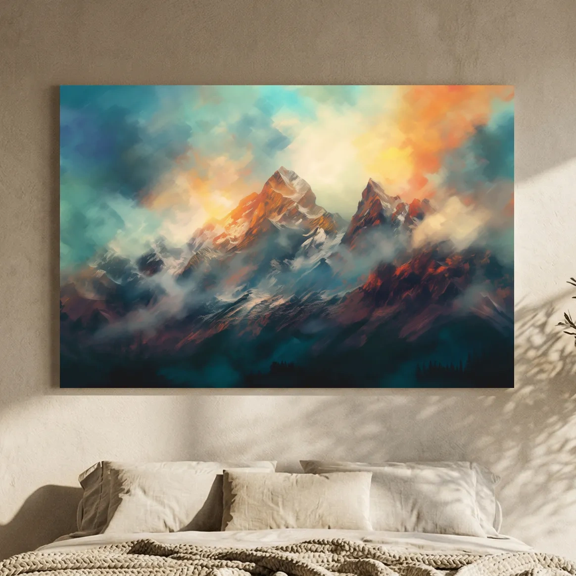 Abstract Sunrise Mountain Peaks Painting - Colorful Alpine Landscape Wall Art