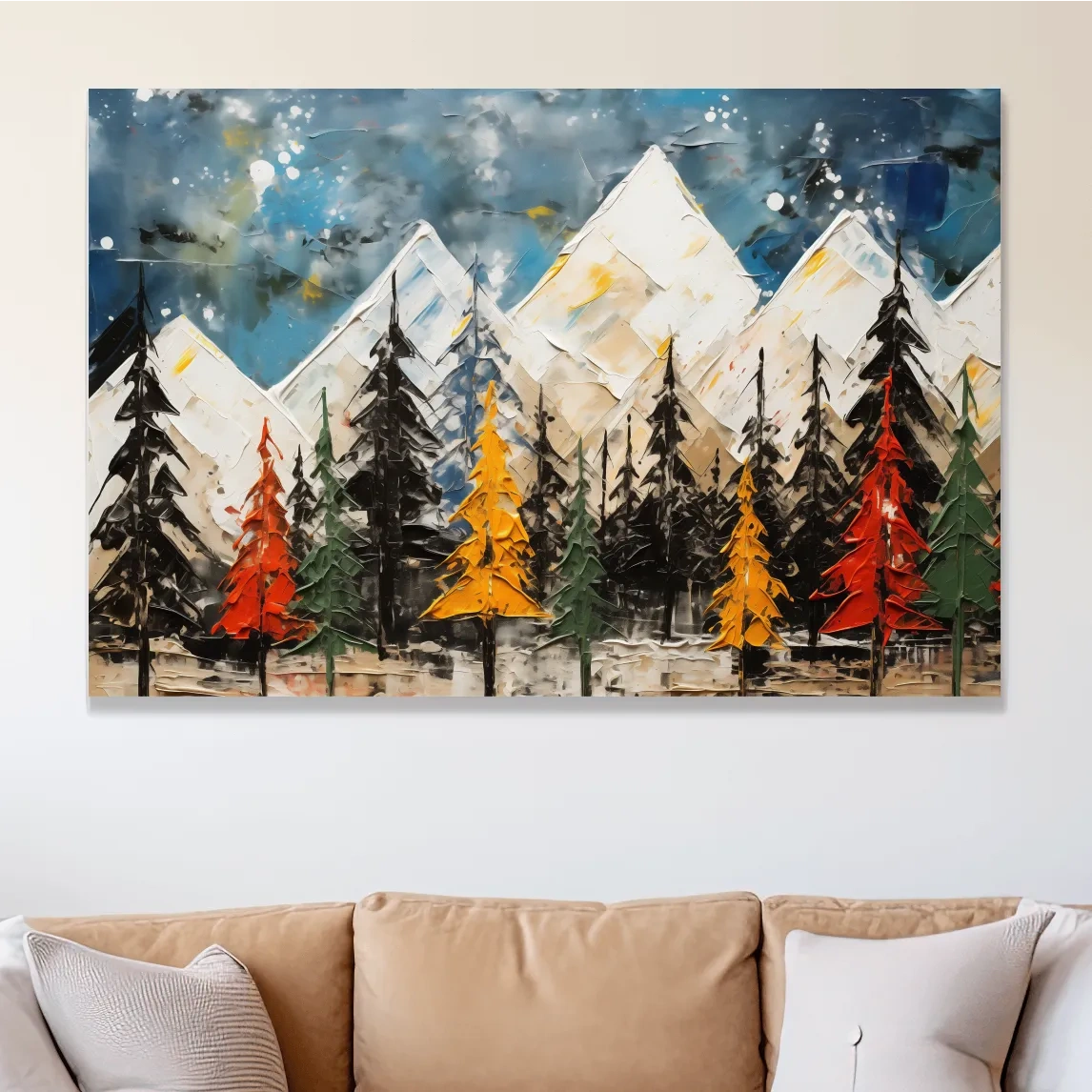 Textured Abstract Oil Painting Style Mountain Forest - Colorful Autumn Pines Landscape Wall Art